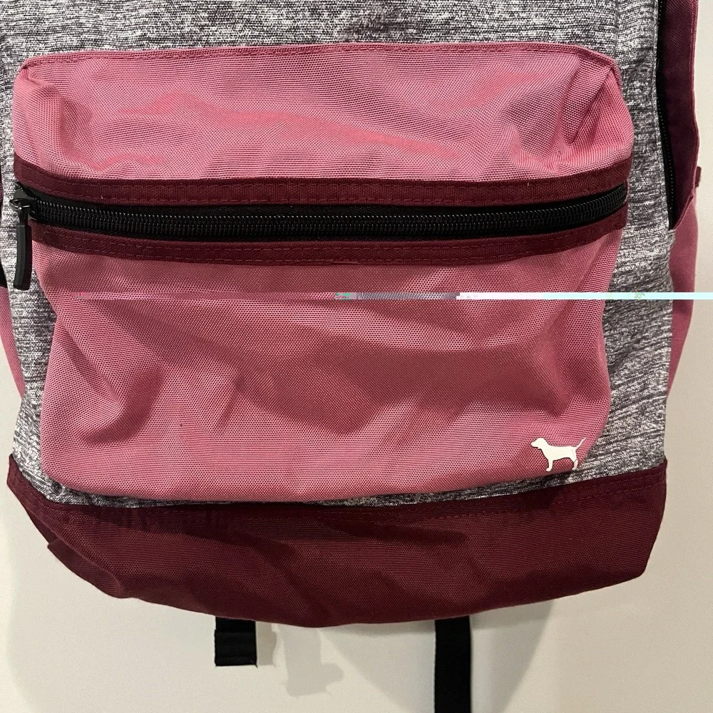 PINK Logo Backpack Pink/Gray/Burgundy Zip Front Pocket Adjustable Straps